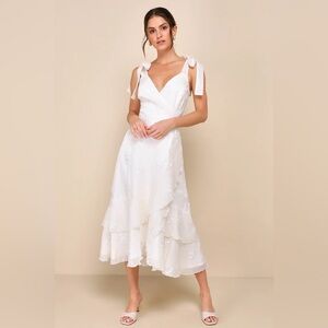 LULUS | Ivory Embroidered Ruffled Tie-Strap Midi Dress